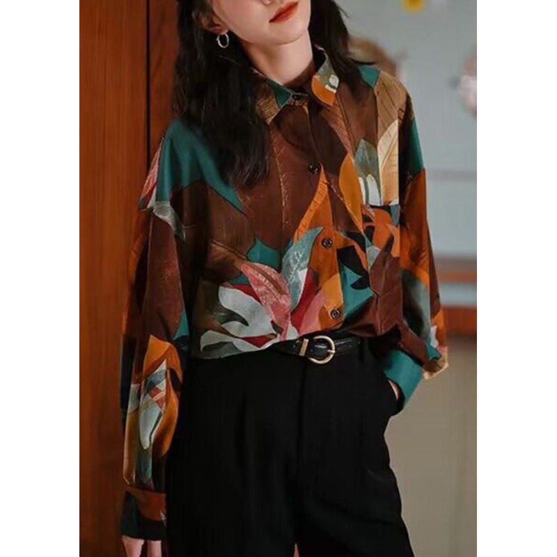 Chic Photo Peter Pan Collar Color Print Cotton Shirt Spring