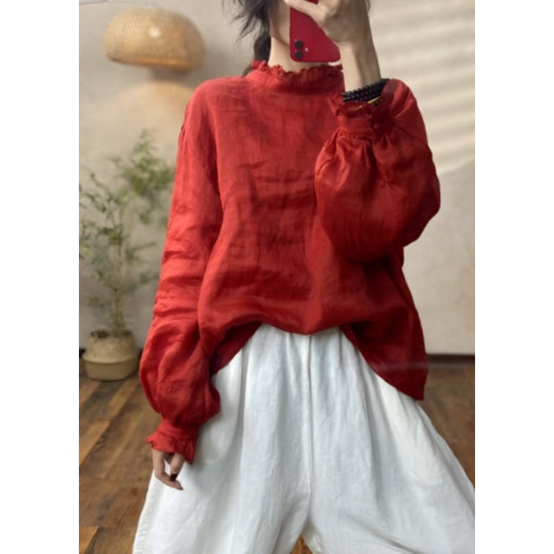 Chic Red Ruffled Linen Blouses Lantern Sleeve