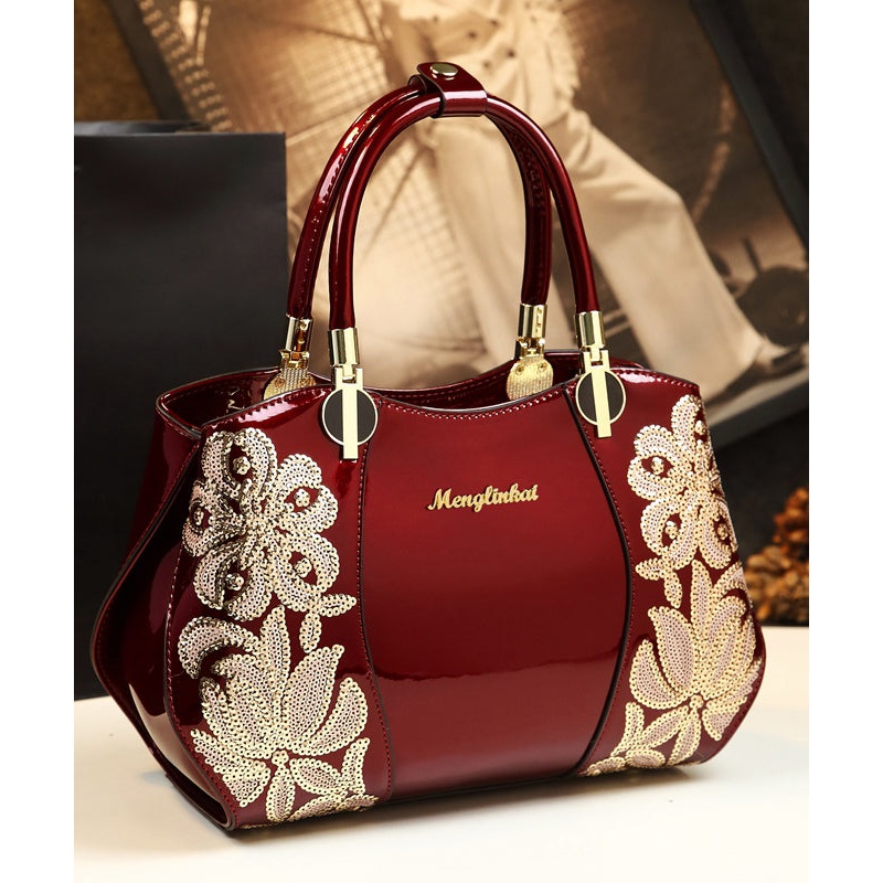 Elegant Mulberry Sequins Floral Calf Leather Tote Handbag