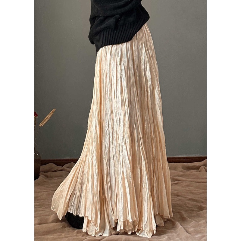 Simple Apricot High Waist Wrinkled A Line Skirt Spring