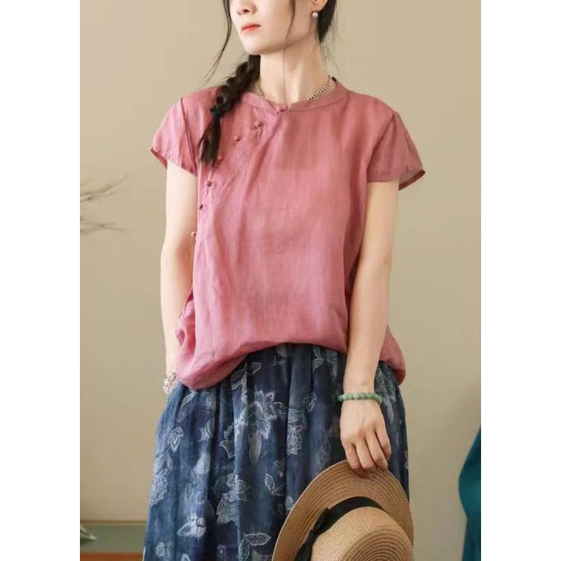 Simple Pink O-Neck Button Solid Cotton Shirt Summer