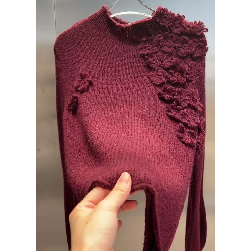 Vintage Mulberry Turtleneck Floral Cotton Knit Sweater Tops Spring
