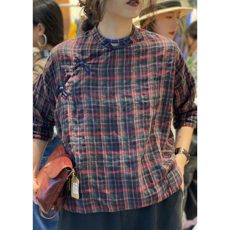 Vintage Plaid Button Cotton Blouses Stand Collar Bracelet Sleeve