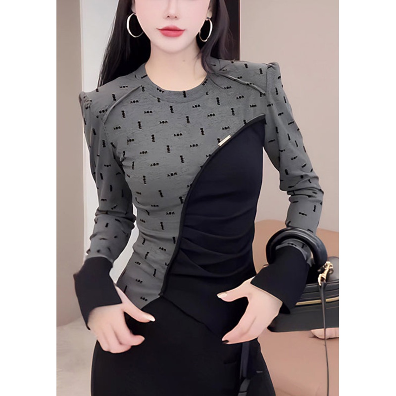 Women Grey Asymmetrical Patchwork Cotton T Shirt Summer