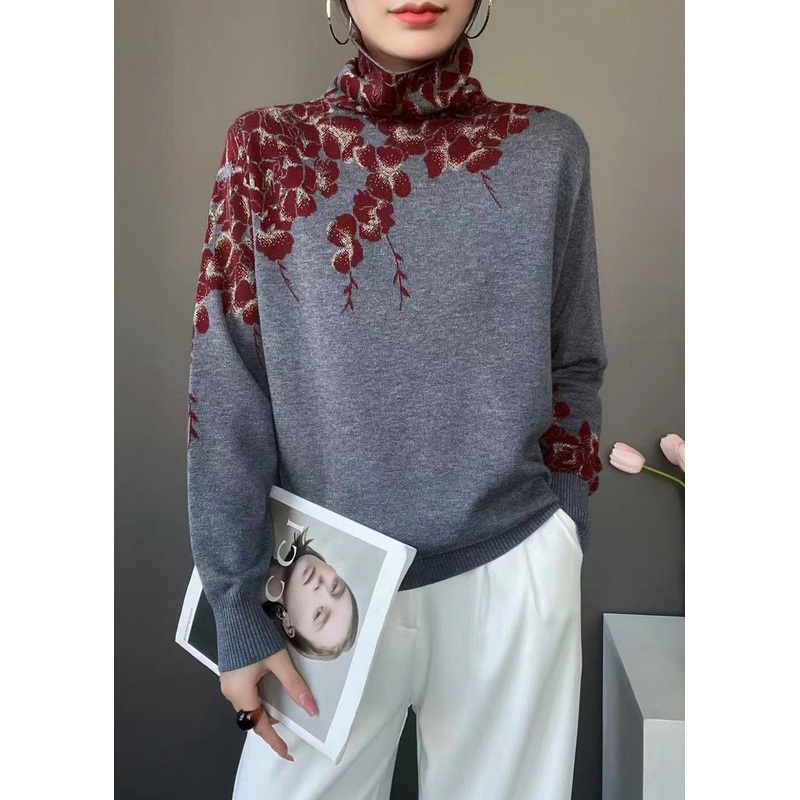 Women Grey Turtle Neck Print Knit Pullover Spring