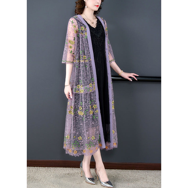 Women Purple Embroidered Tulle UPF 50+ Hooded Cardigan Spring