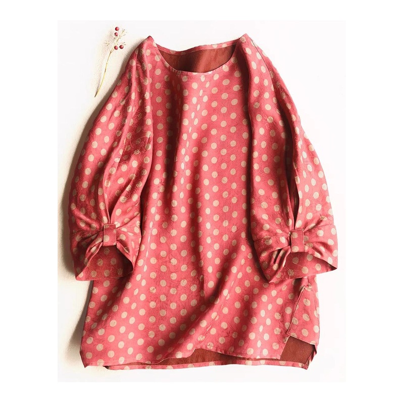 Women Red O-Neck Dot Silk T Shirt Half Sleeve