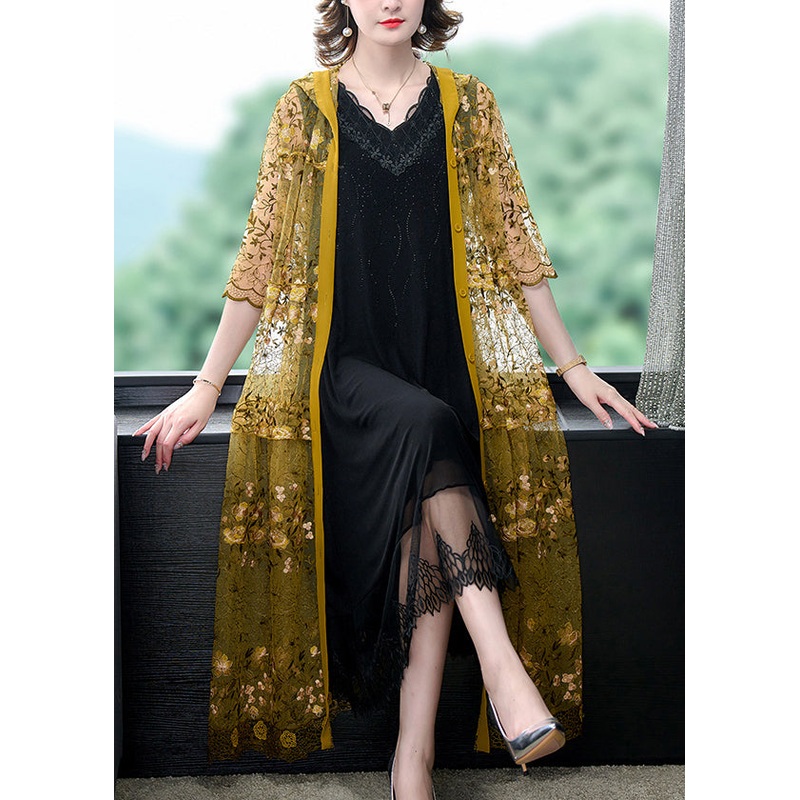 Yellow Loose Tulle Hooded Cardigan Embroidered Spring