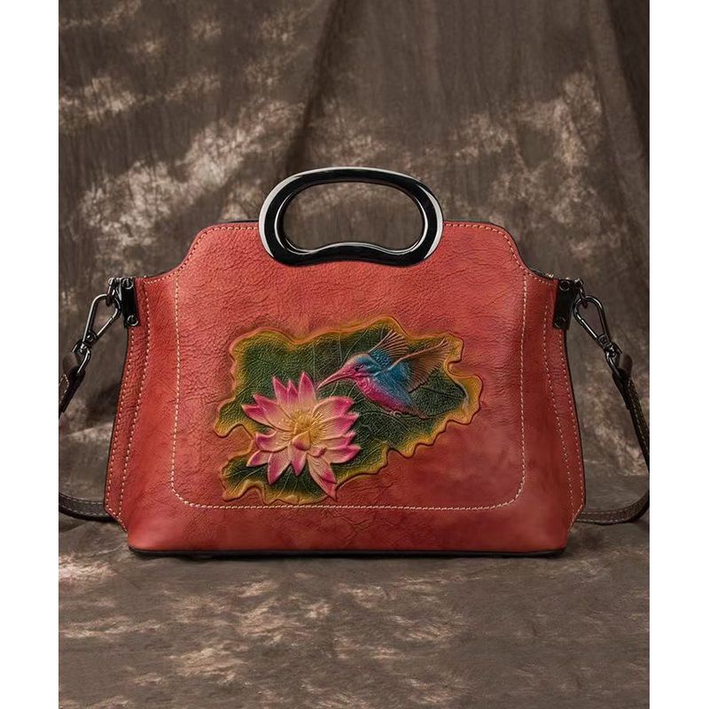 Beautiful Red Embossed Versatile Calf Leather Tote Handbag