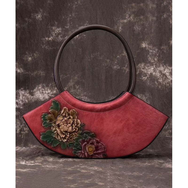Boutique Retro Red Embossed Calf Leather Tote Handbag