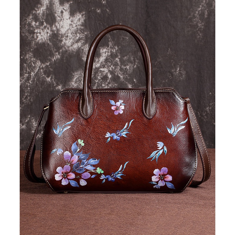 Casual Handmade Retro Coffee Floral Calf Leather Tote Handbag