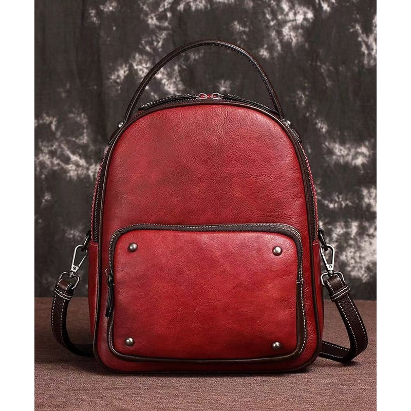 Casual Red Large Capacity Durable Calf Leather Backpack Bag