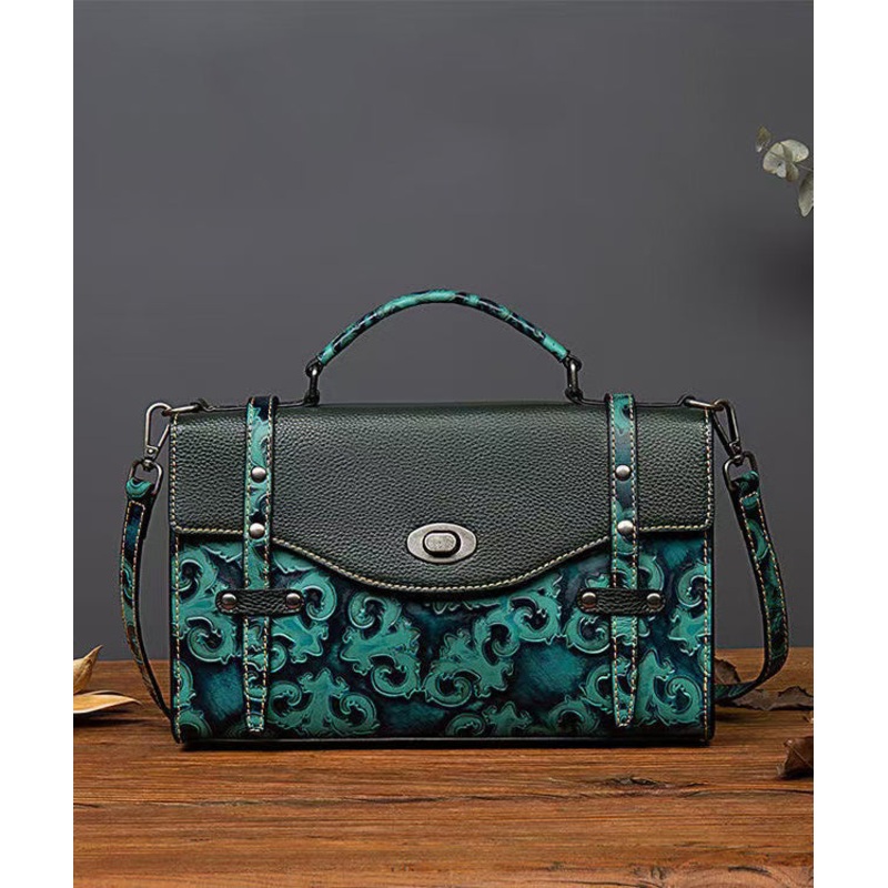 Casual Vintage Green Embossed Calf Leather Messenger Bag