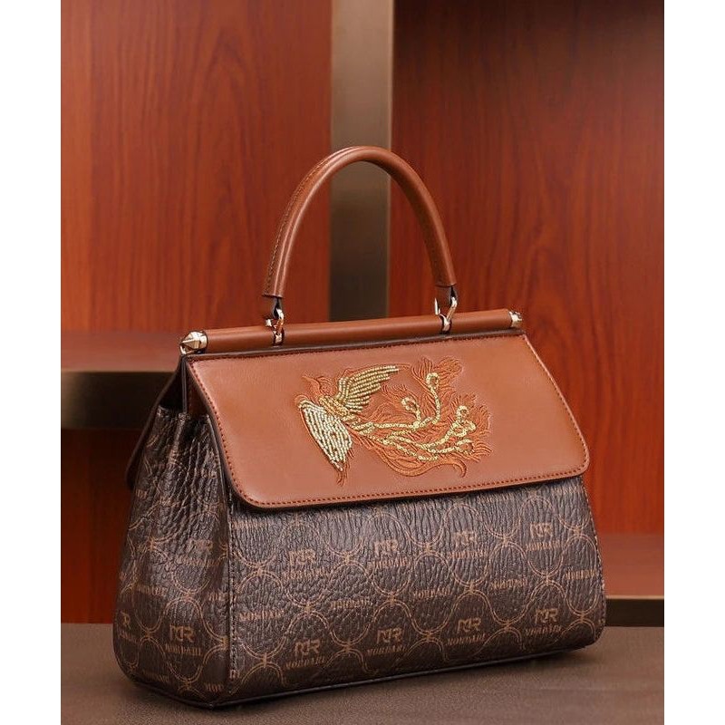 Elegant Brown Embroideried Calf Leather Tote Handbag