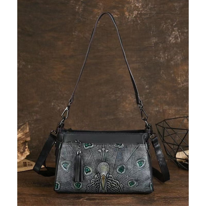 Handmade Black Animal Embossed Calf Leather Satchel Handbag