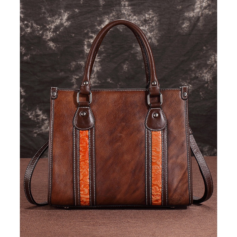 Handmade Coffee Large Capacity Calf Leather Tote Messenger Bag