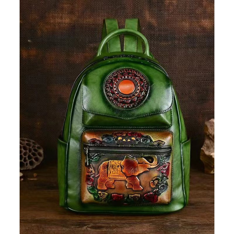 Handmade Embossed Green Pockets Large Capacity Calf Leather Backpack Bag