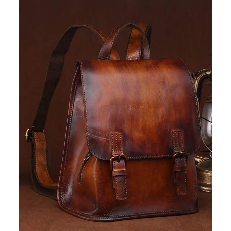 Handmade Retro Brown Large Capacity Calf Leather Backpack Bag