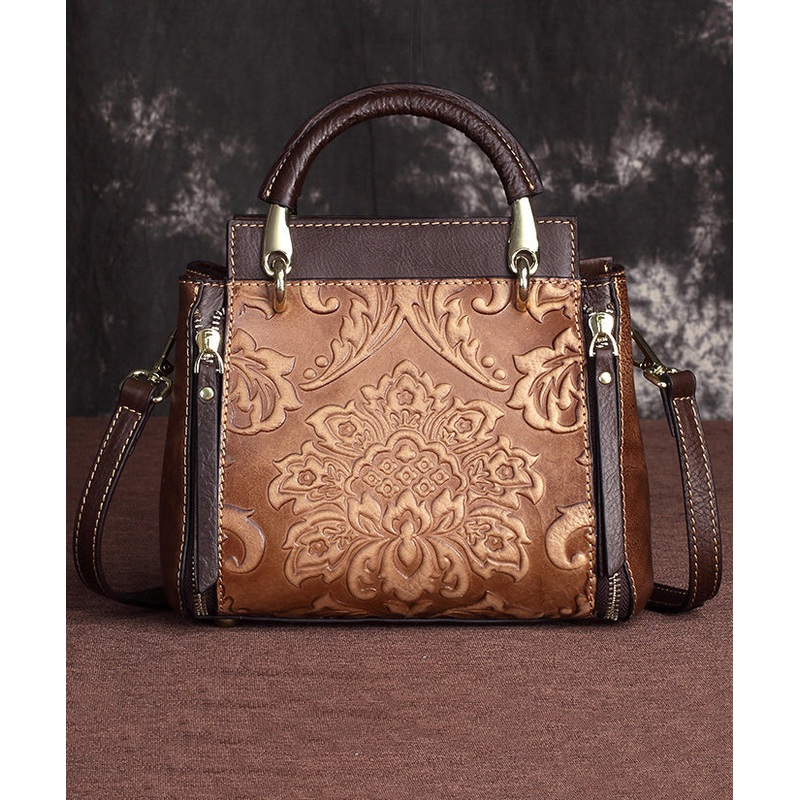 Handmade Retro Coffee Embossed Calf Leather Tote Handbag