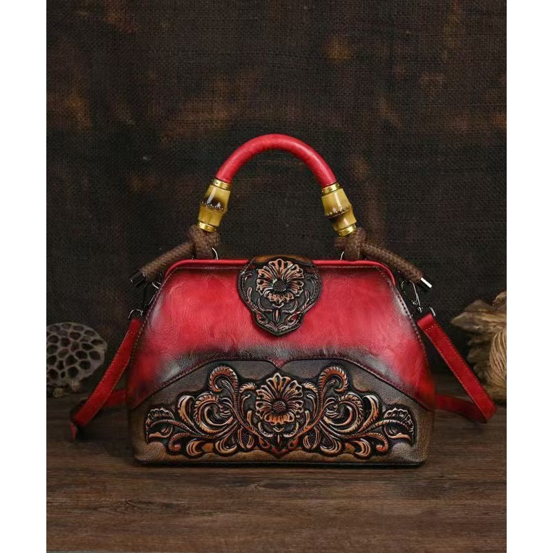 Handmade Vintage Red Embossed Calf Leather Tote Messenger Bag