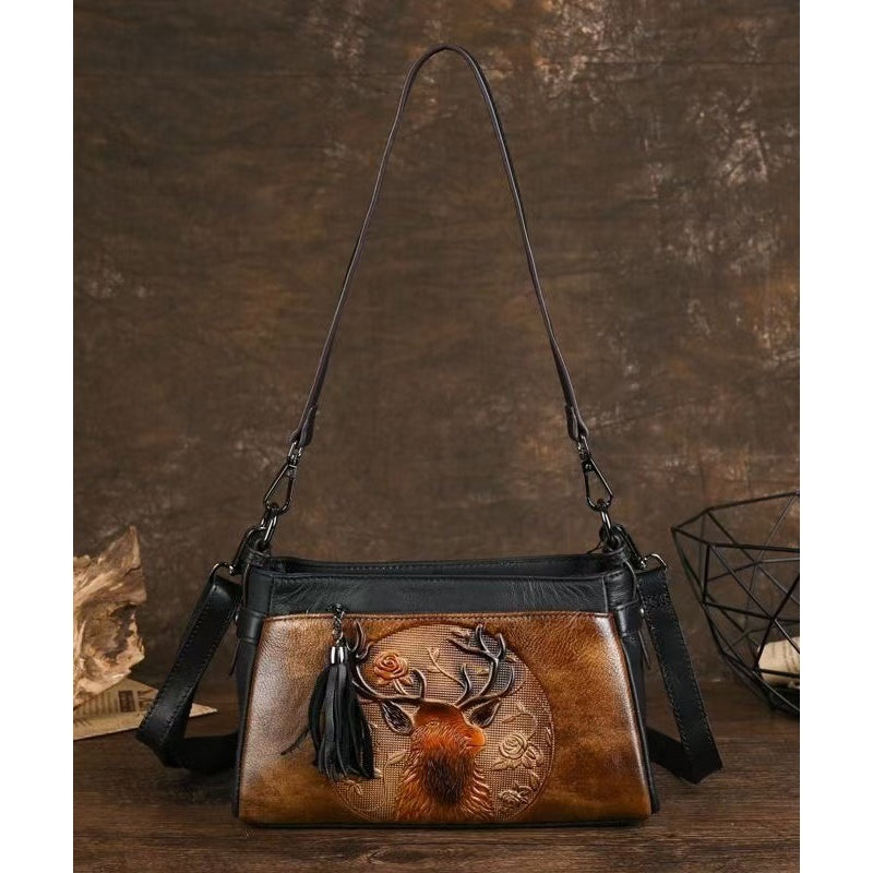 Unique Brown Animal Embossed Calf Leather Messenger Bag