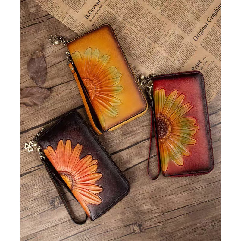 Unique Yellow Embossed Durable Calf Leather Wallet Purse