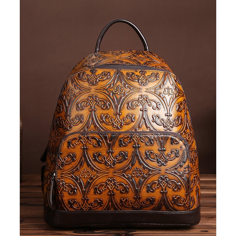 Unique Yellow Embossed Large Capacity Calf Leather Backpack Bag