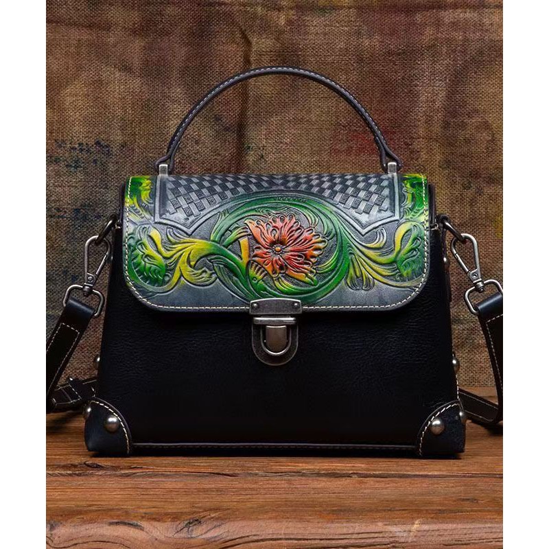 Women Handmade Black Embossed Calf Leather Tote Handbag