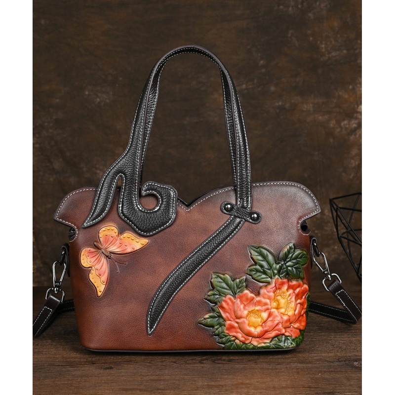 Women Retro Coffee Embossed Calf Leather Tote Handbag