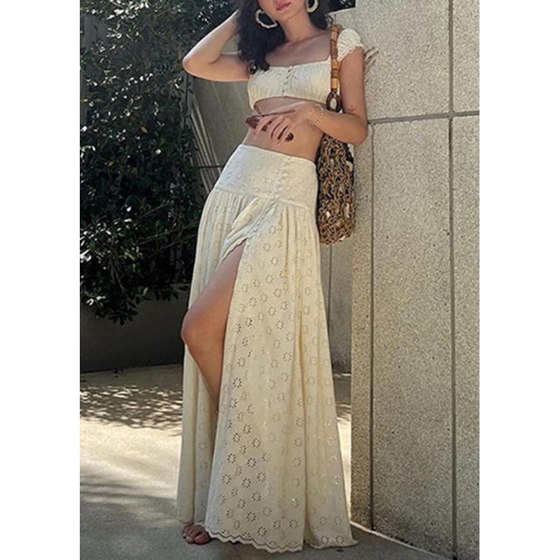 Art Apricot Hollow Out Side Open Cotton Two Pieces Set Summer