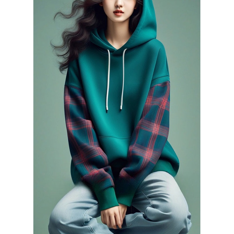 Casual Blue Hooded Plaid Patchwork Cotton Sweatshirts Spring
