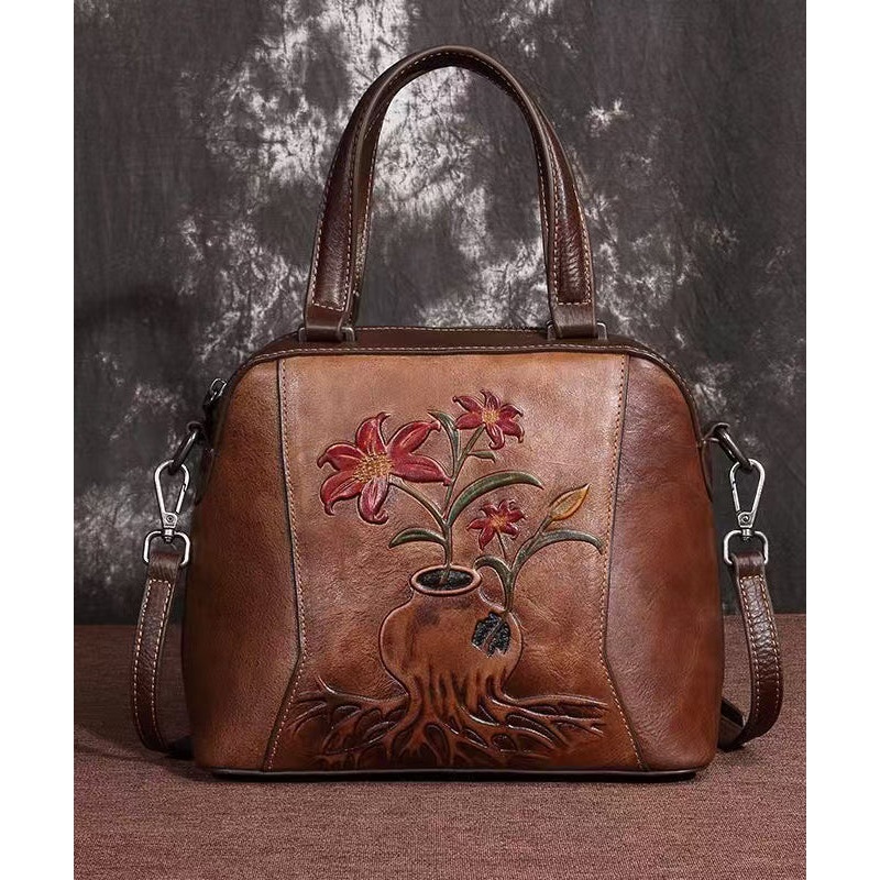 Elegant Retro Coffee Embossed Calf Leather Tote Handbag
