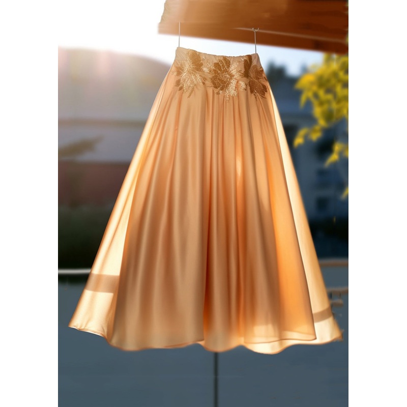 New Orange Embroidered Solid High Waist Silk Skirt Spring