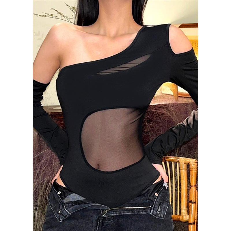 Slim Fit Black Asymmetrical Hollow Out Tulle Tops Jumpsuit Spring