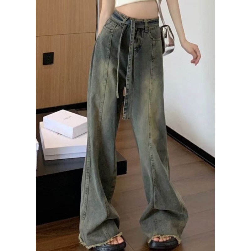 Vintage Blue Lace Up Pockets Denim Pants Spring
