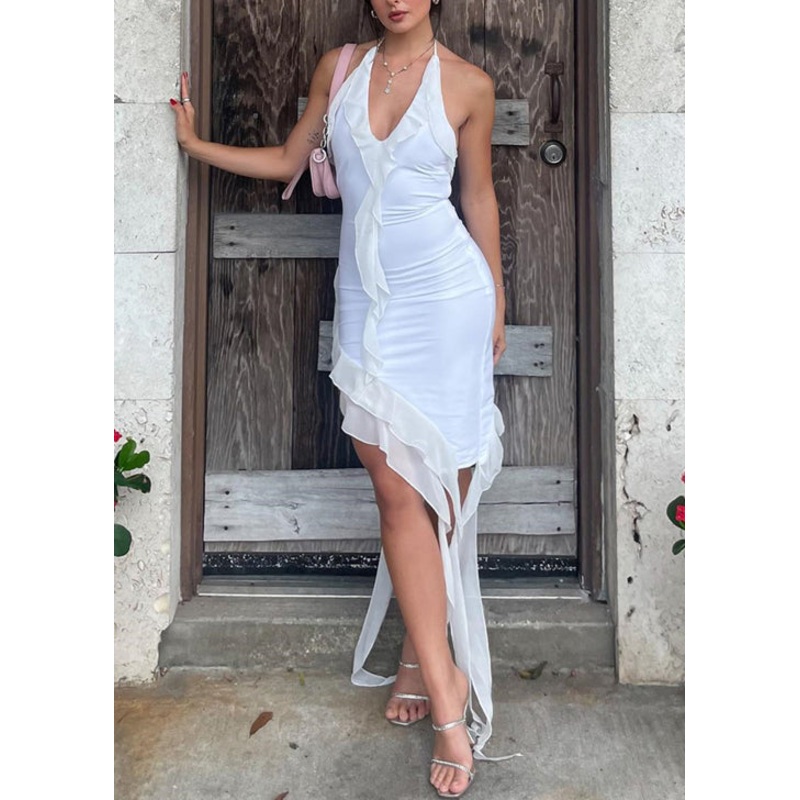 White Ruffled Lace Up Solid Mid Dress V Neck Sleeveless