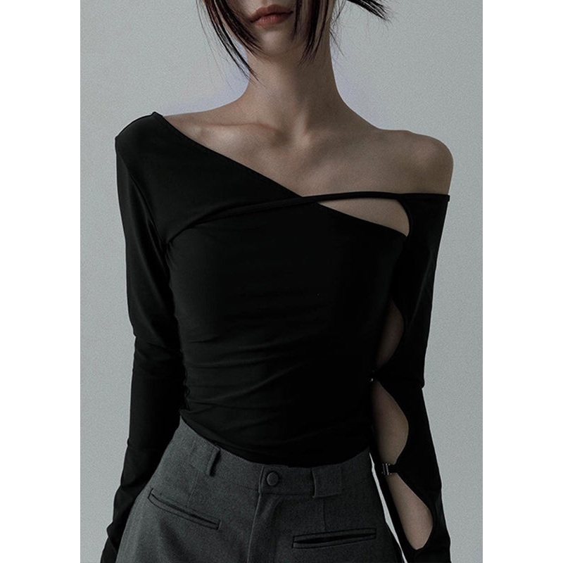 Women Black Asymmetrical Hollow Out Cotton Dance T Shirt Spring