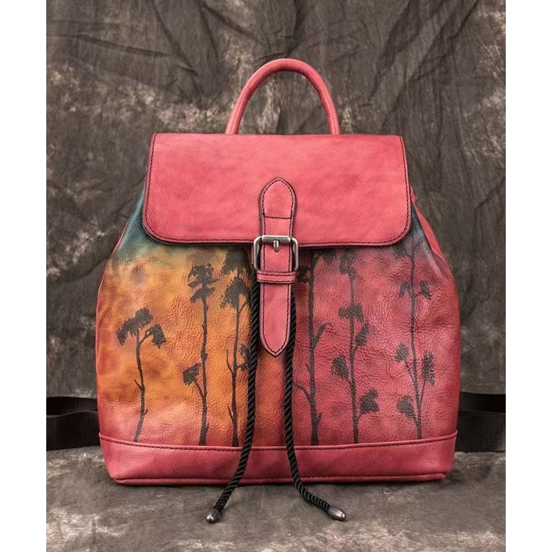Women Pink Embossed Large Capacity Calf Leather Backpack Bag