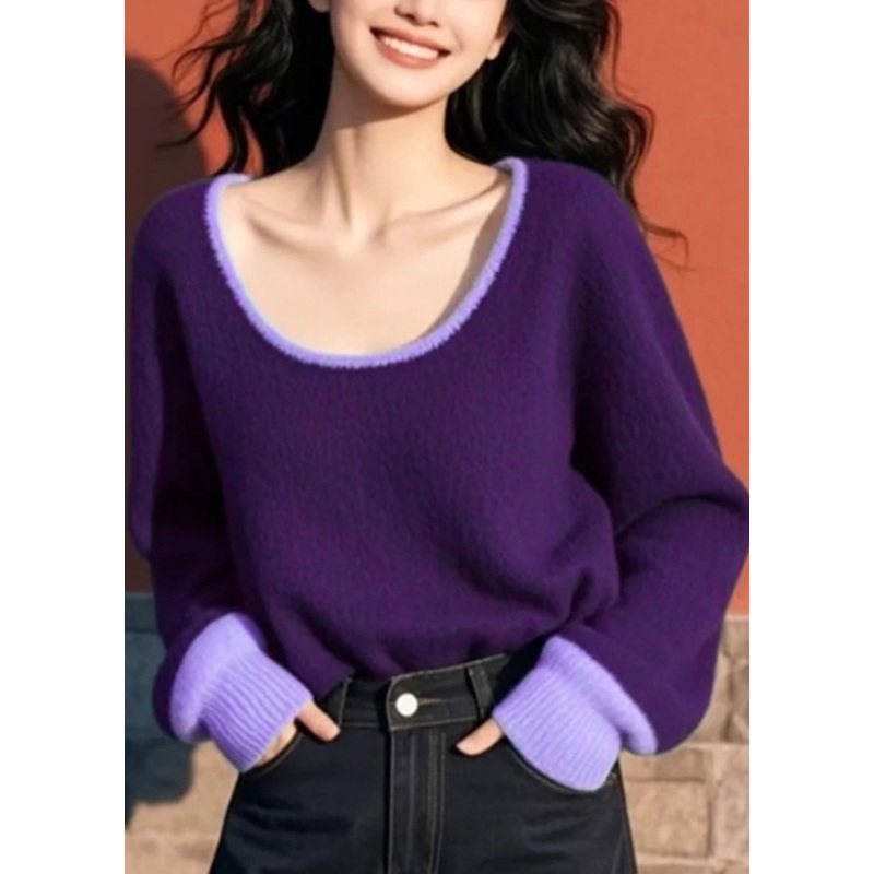 Women Purple O Neck Cozy Patchwork Knit Sweater Spring