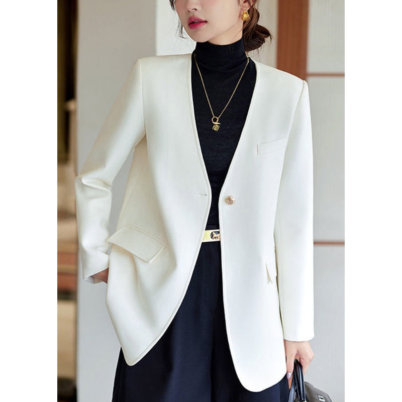 Women White V Neck Cotton Jackets Spring