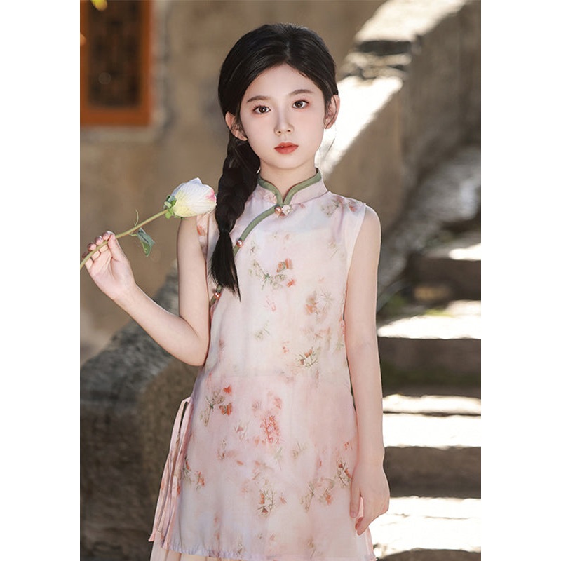 2025 Pink Stand Collar Print Kids Long Dresses Sleeveless