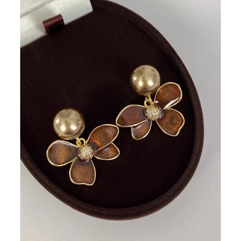Vintage Coffee Copper Overgild Pearl Stud Earrings