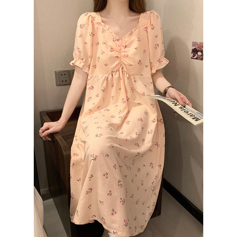 Women Pink V Neck Wrinkled Print Cotton Pajamas Long Dress Summer