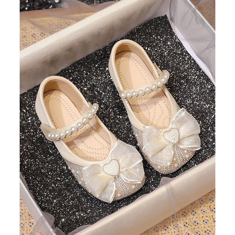 Apricot Nail Bead Zircon Buckle Strap Kids Girls Flat Feet Shoes