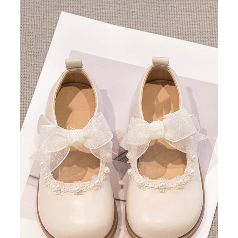 Beautiful Beige Pearl Tulle Bow For Girls Buckle Strap Platform Flat Shoes