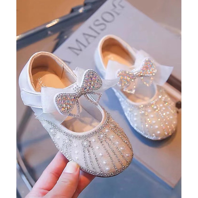 Beige Baby Girls Princess Shoes Bow Zircon Nail Bead