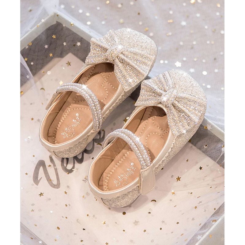Beige Fine Bow Nail Bead Buckle Strap Kids Girls Princess Shoes