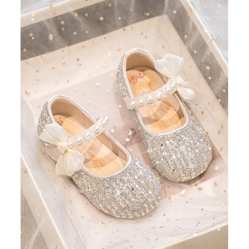 Beige Girls’ Princess Shoes 2025 New Soft Bottom Zircon
