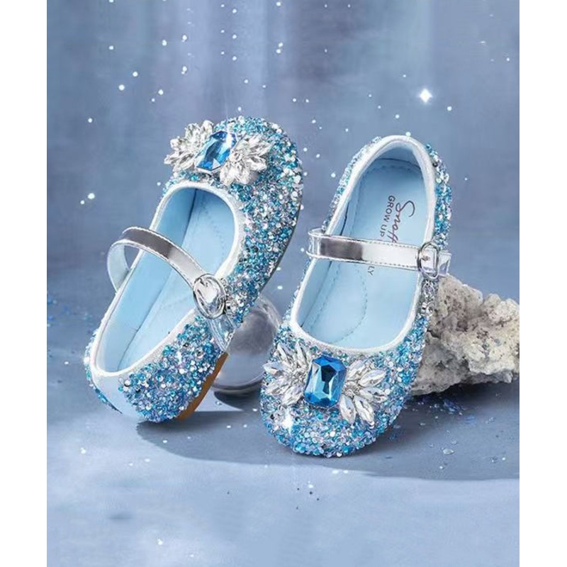 Boutique Blue Buckle Strap Kids Girls Zircon Princess Shoes