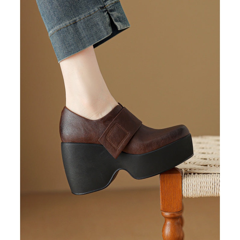 Brown Wedge Heels Platform Cowhide Leather Women Splicing